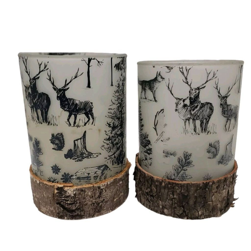 2 Debi Lilly Rustic Frosted Glass Bark Candle Holders Deer cabin decor - Picture 2 of 8